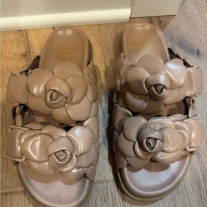 Valentino Beige Floral Slide Sandals